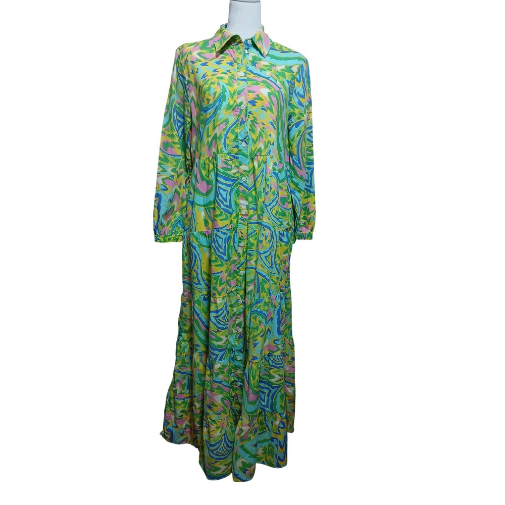 Zara Psychedelic Swirl Print Tiered Maxi Shirt Dress Green Blue Pink Size M